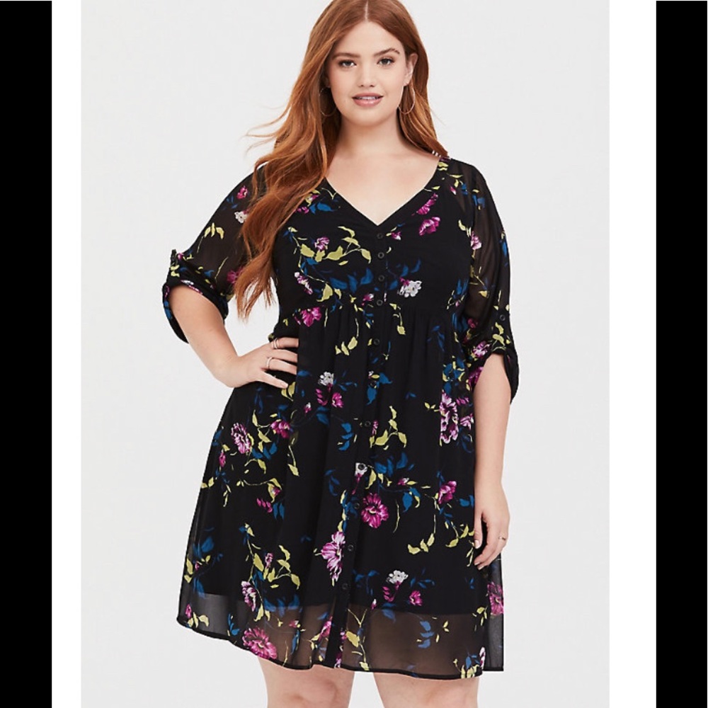 Torrid Black Floral Chiffon Shirt Dress